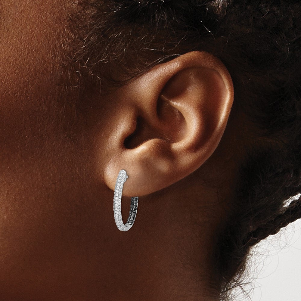 Solid 14k White Gold BlacK and Simulated CZ In/Out Hoop Earrings