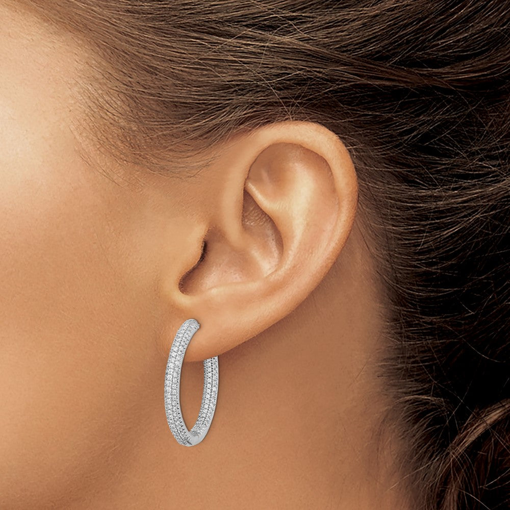 Solid 14k White Gold 1 1/2Ctw Hinged Hoop Simulated CZ Earrings