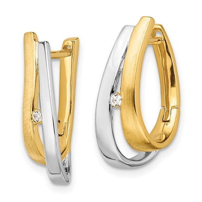 Solid 14k Yellow & Rhodium Gold With White Simulated CZ Hinged Hoop Earrings