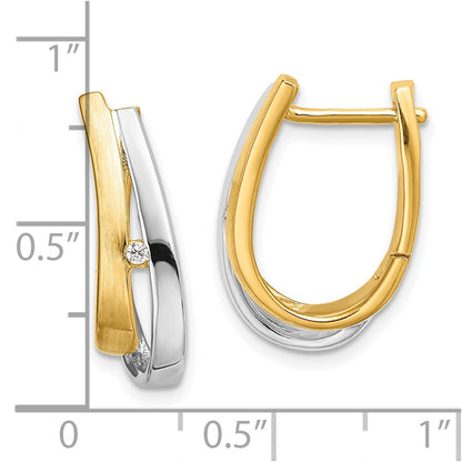 Solid 14k Yellow & Rhodium Gold With White Simulated CZ Hinged Hoop Earrings