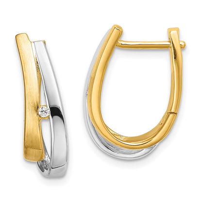 Solid 14k Yellow & Rhodium Gold With White Simulated CZ Hinged Hoop Earrings