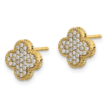 Solid 14k Yellow Gold Simulated CZ Quatrefoil Post Earrings