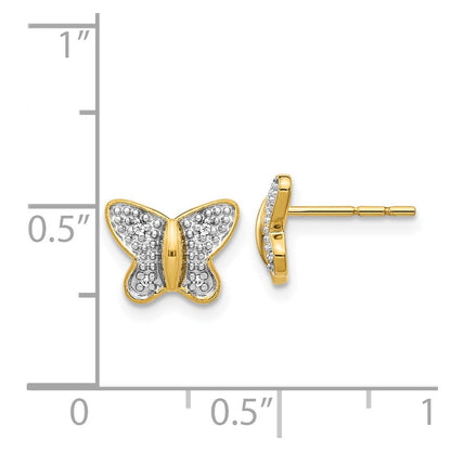 Solid 14k Yellow & Rhodium w/Rhodium Simulated CZ Butterfly Post Earrings