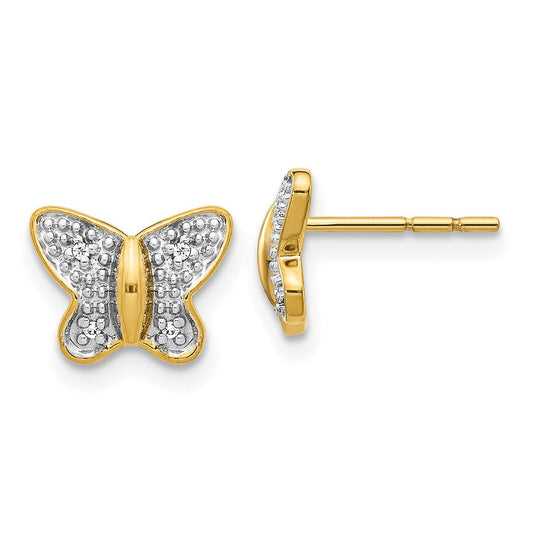 14k Yellow Gold w/Rhodium Real Diamond Butterfly Post Earrings EM5504-002-YA
