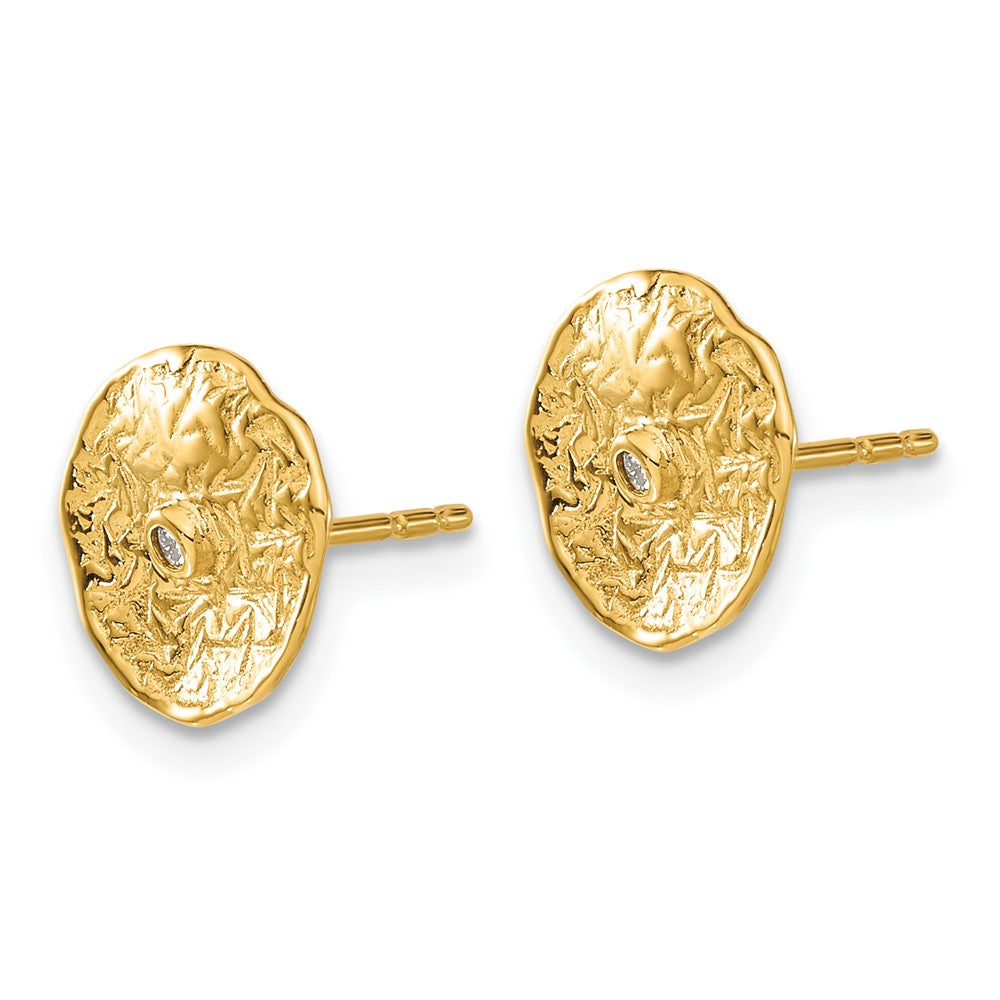 Solid 14k Yellow Gold Small Textured Circle Simulated CZ Earrings