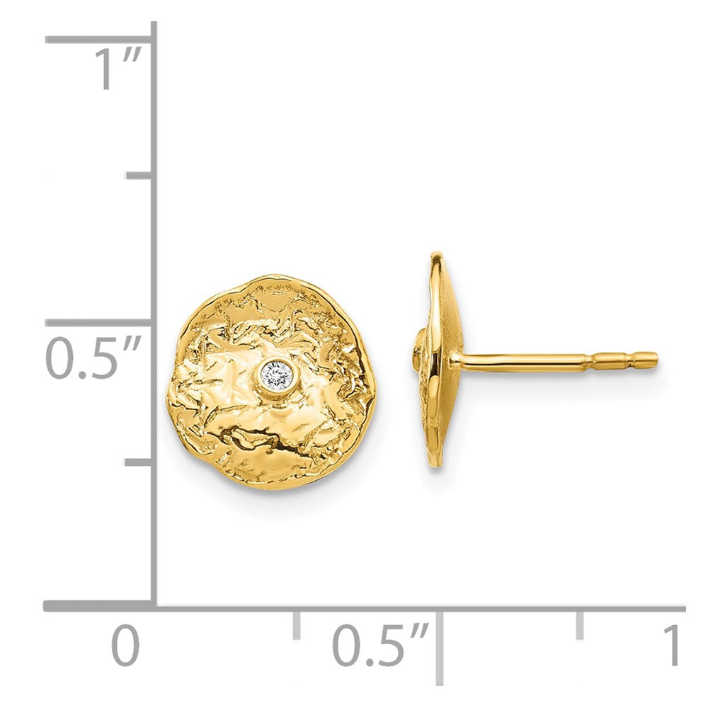 Solid 14k Yellow Gold Small Textured Circle Simulated CZ Earrings