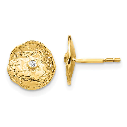 Solid 14k Yellow Gold Small Textured Circle Simulated CZ Earrings