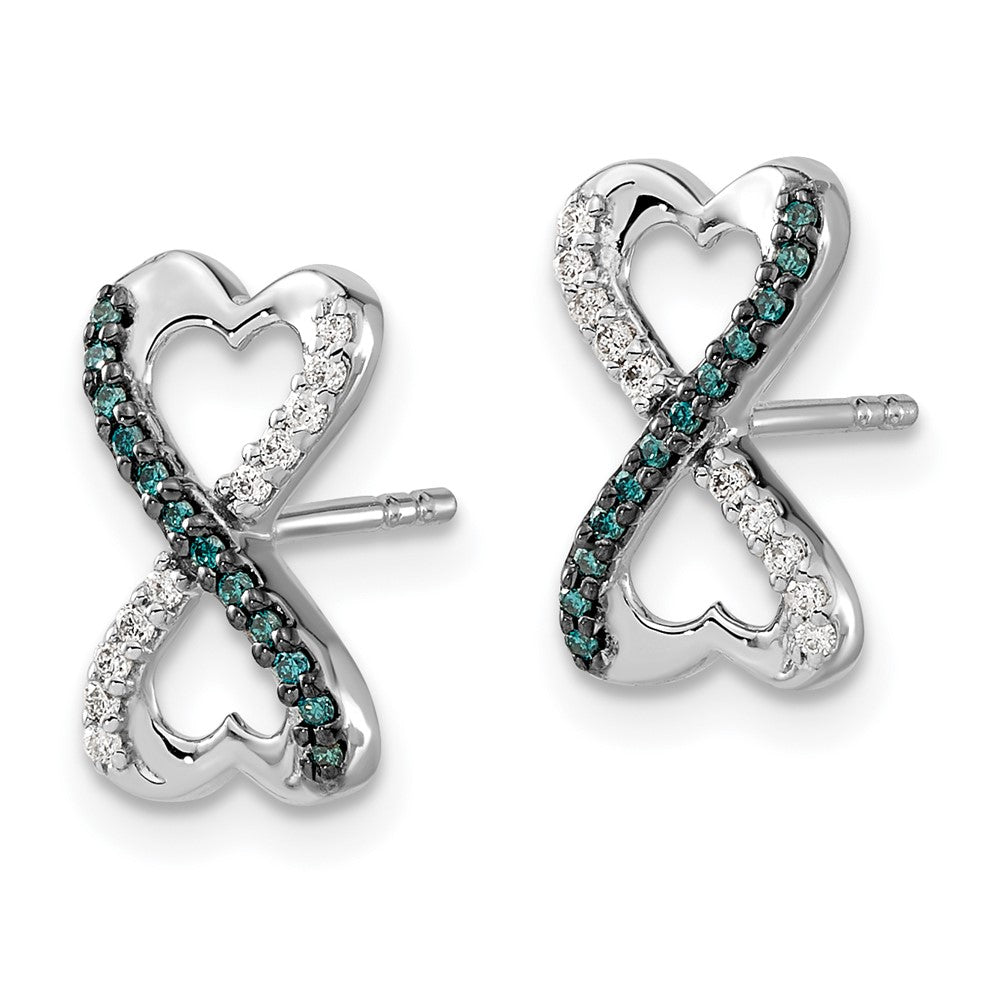 Solid 14k White Gold Blue and Simulated CZ Infinity Heart Post Earrings