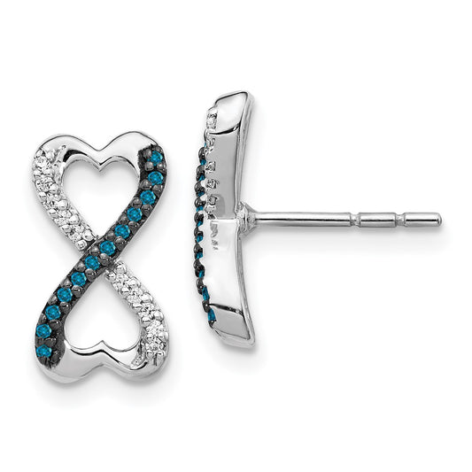 Solid 14k White Gold Blue and Simulated CZ Infinity Heart Post Earrings