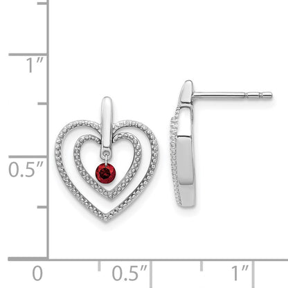 Solid 14k White Gold Red Simulated CZ Heart Post Earrings