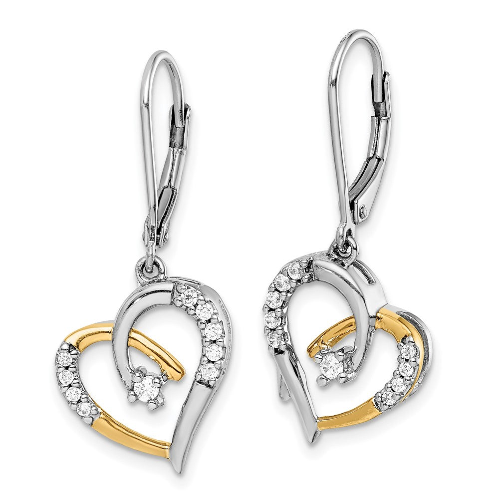 Solid 14k Two-tone Yellow and White Gold Simulated CZ Heart LeverbacK Earrings
