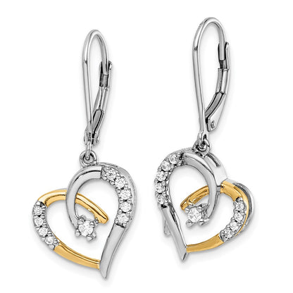 Solid 14k Two-tone Yellow and White Gold Simulated CZ Heart LeverbacK Earrings