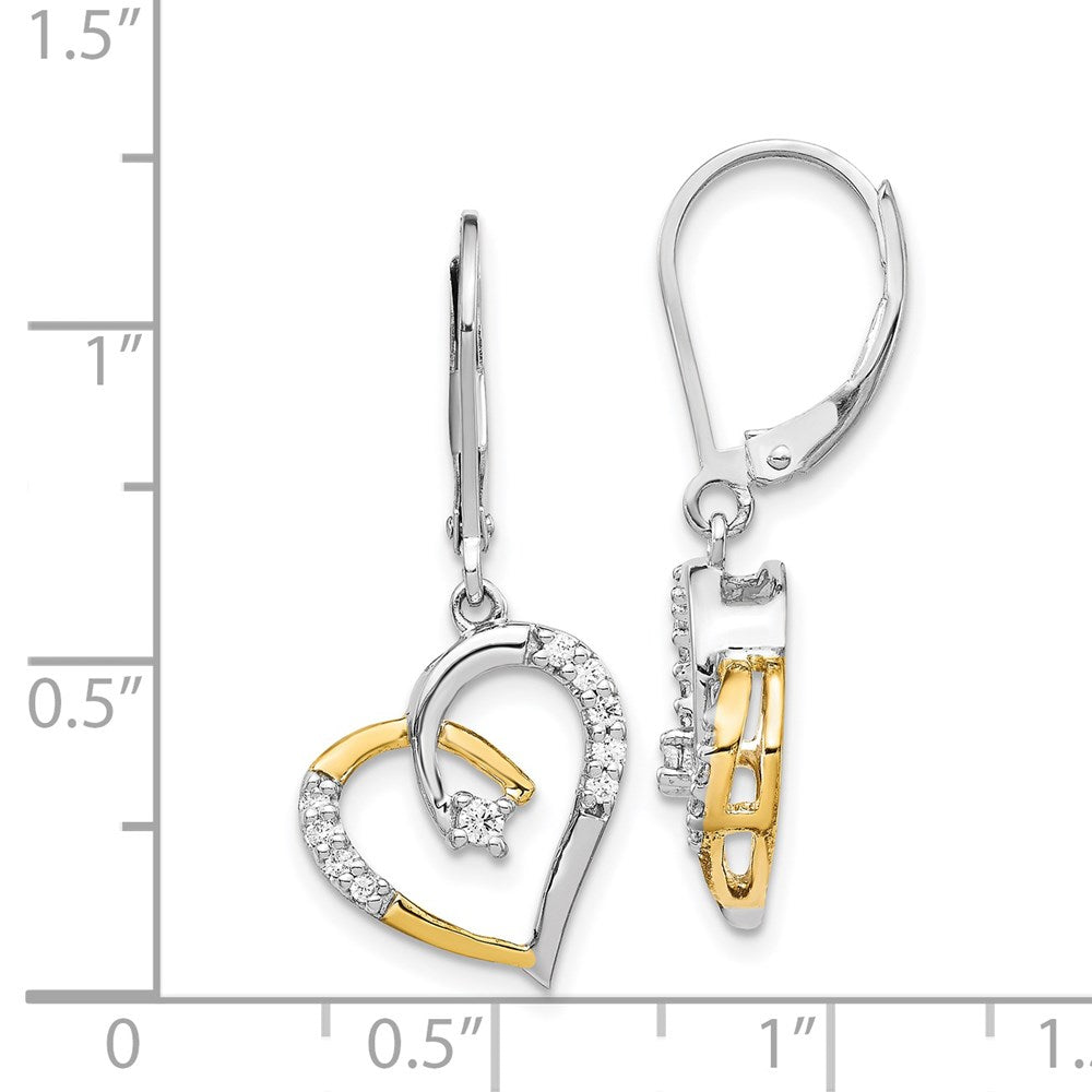 Solid 14k Two-tone Yellow and White Gold Simulated CZ Heart LeverbacK Earrings