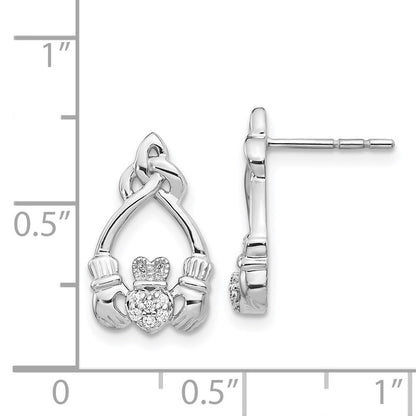 Solid 14k White Gold Simulated CZ Claddagh Post Earrings