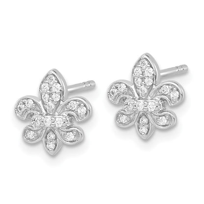 Solid 14k White Gold Simulated CZ Fleur de Lis Post Earrings