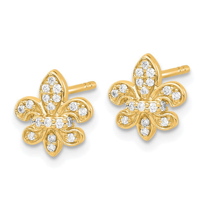 Solid 14k Yellow Gold Simulated CZ Fleur de Lis Post Earrings
