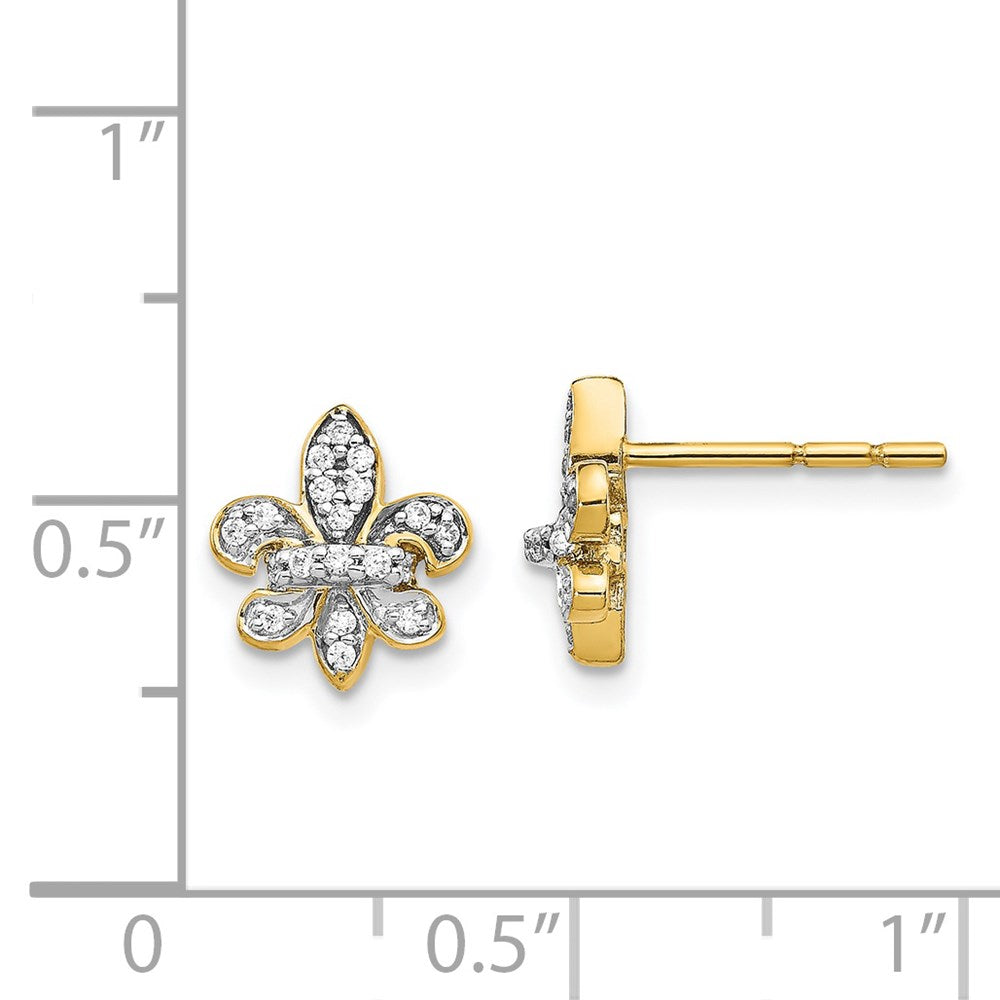 Solid 14k Yellow Gold Simulated CZ Fleur de Lis Post Earrings