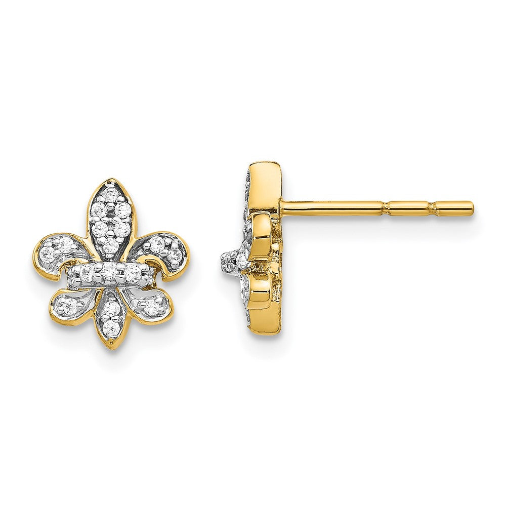 Solid 14k Yellow Gold Simulated CZ Fleur de Lis Post Earrings