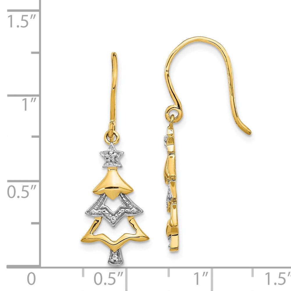 Solid 14k Yellow & Rhodium and Simulated CZ Christmas Tree Dangle Earrings
