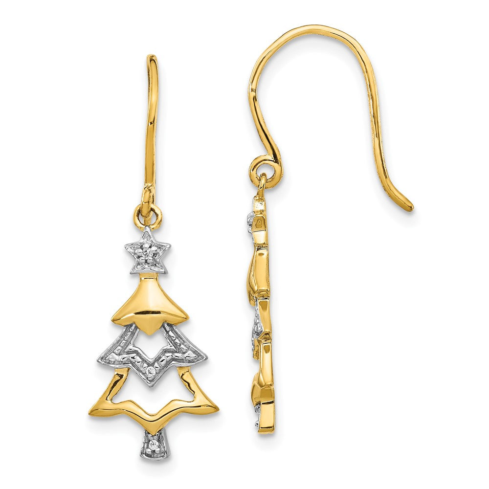 Solid 14k Yellow & Rhodium and Simulated CZ Christmas Tree Dangle Earrings