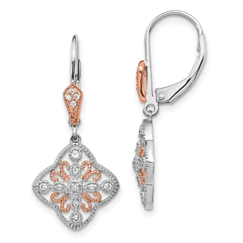 Solid 14k White Gold w/Rose Rhodium Simulated CZ LeverbacK Earrings