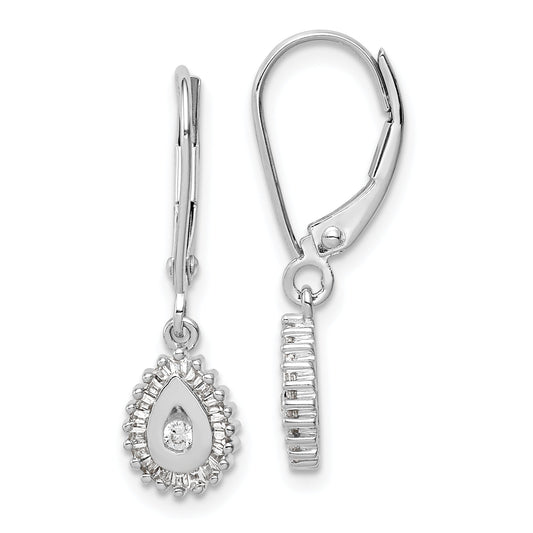 Solid 14k White Gold Baguette Simulated CZ Teardrop Halo LeverbacK Earrings