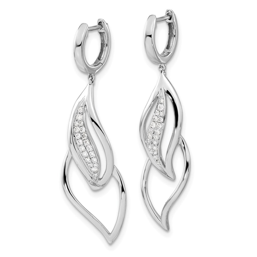 Solid 14k White Gold Simulated CZ Hinged Hoop Leaf Design Dangle Earrings