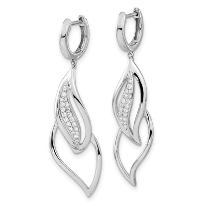 Solid 14k White Gold Simulated CZ Hinged Hoop Leaf Design Dangle Earrings