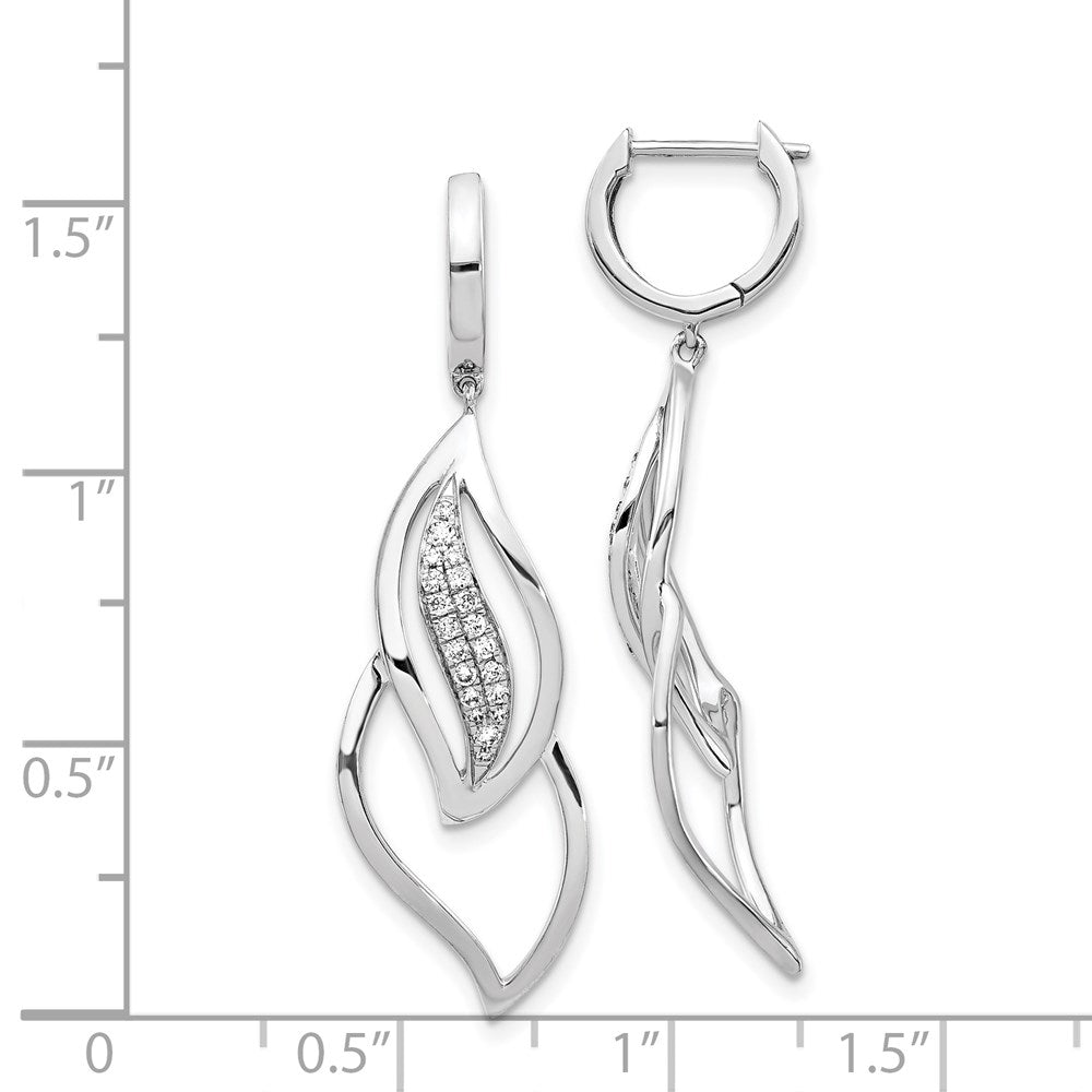 Solid 14k White Gold Simulated CZ Hinged Hoop Leaf Design Dangle Earrings