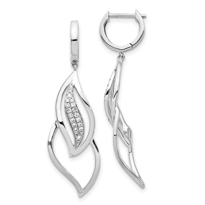 Solid 14k White Gold Simulated CZ Hinged Hoop Leaf Design Dangle Earrings