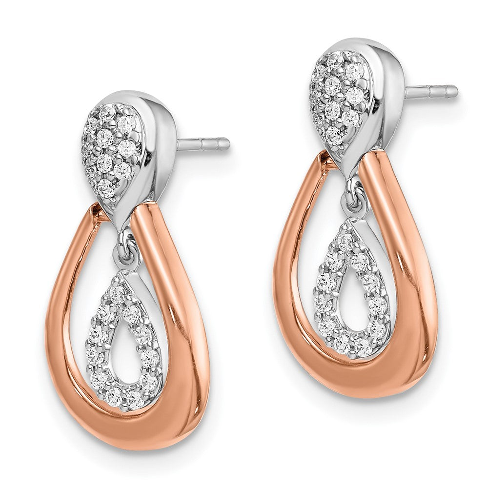 Solid 14k Two-tone White and Rose Gold Simulated CZ Post Dangle Earrings