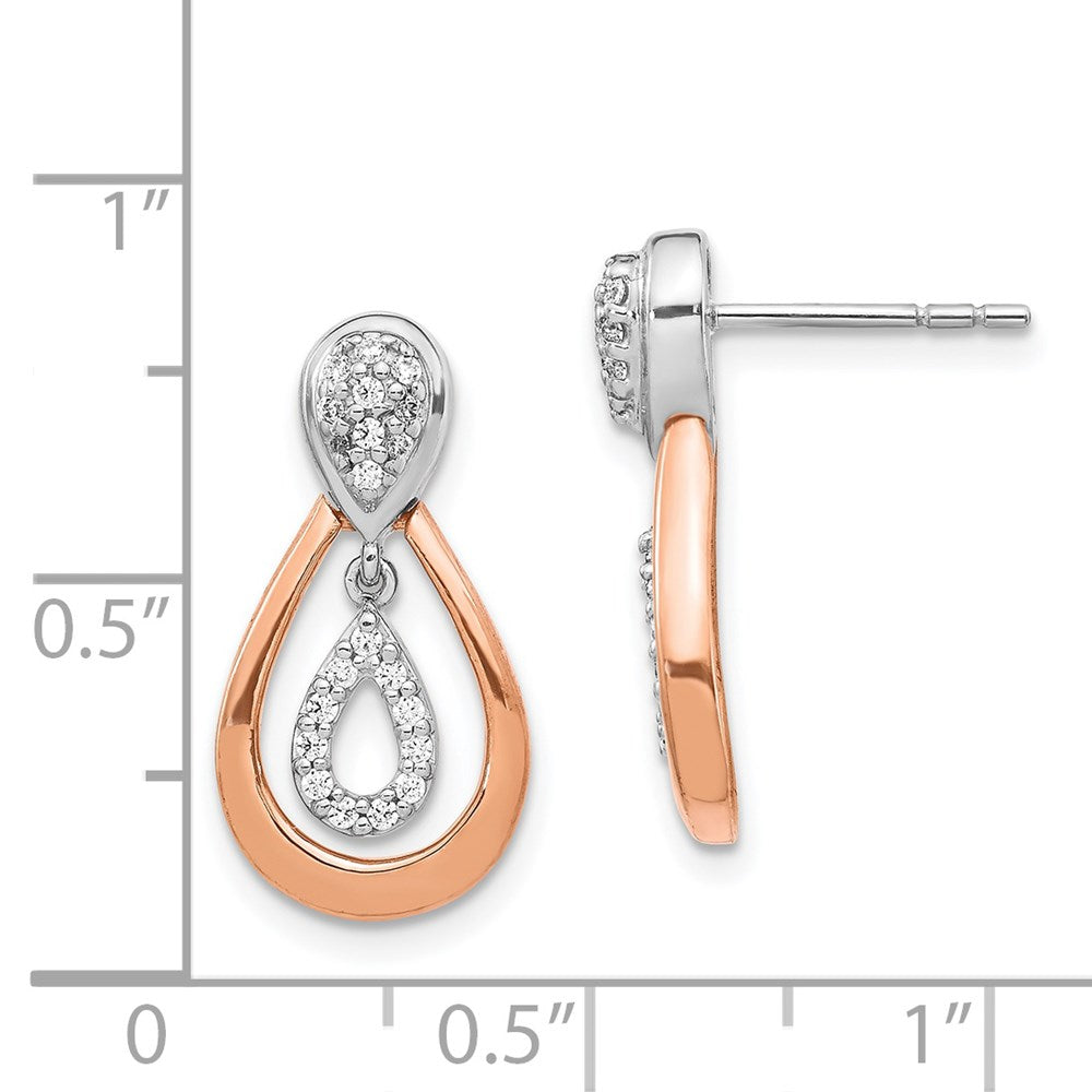 Solid 14k Two-tone White and Rose Gold Simulated CZ Post Dangle Earrings