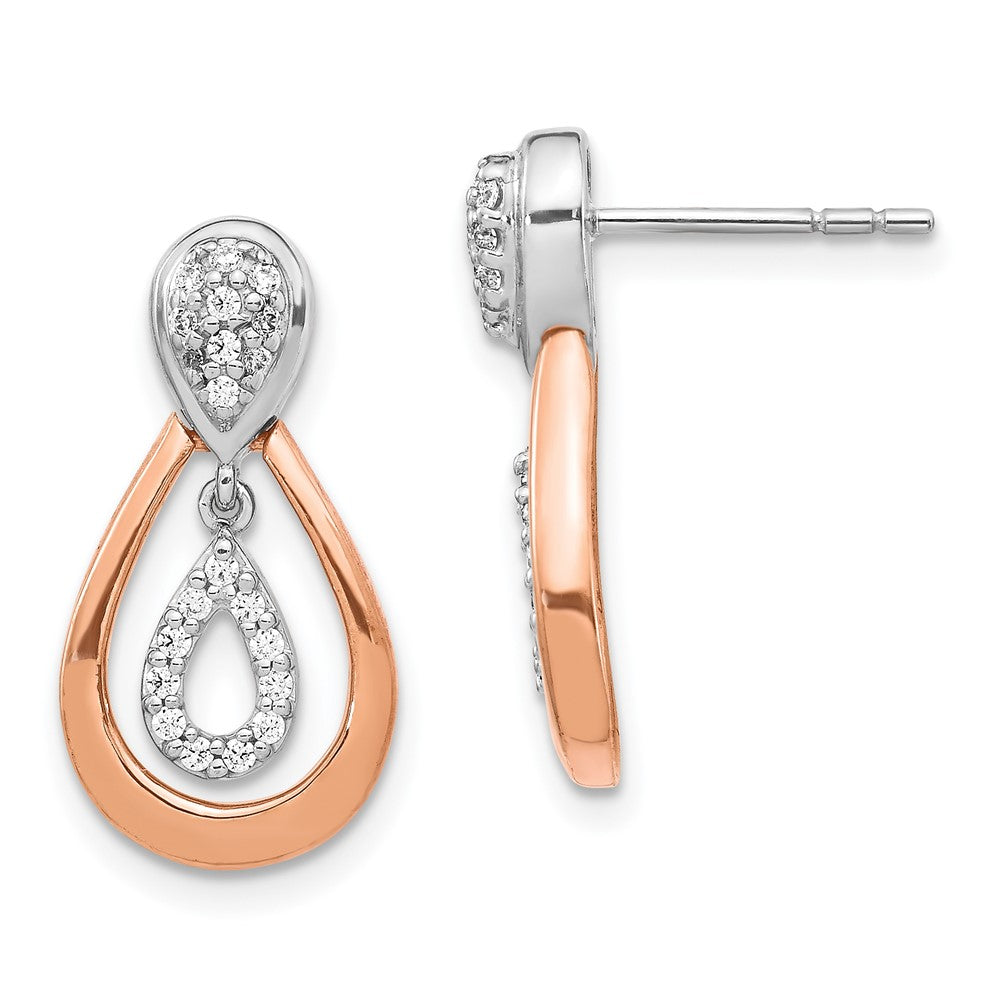 Solid 14k Two-tone White and Rose Gold Simulated CZ Post Dangle Earrings