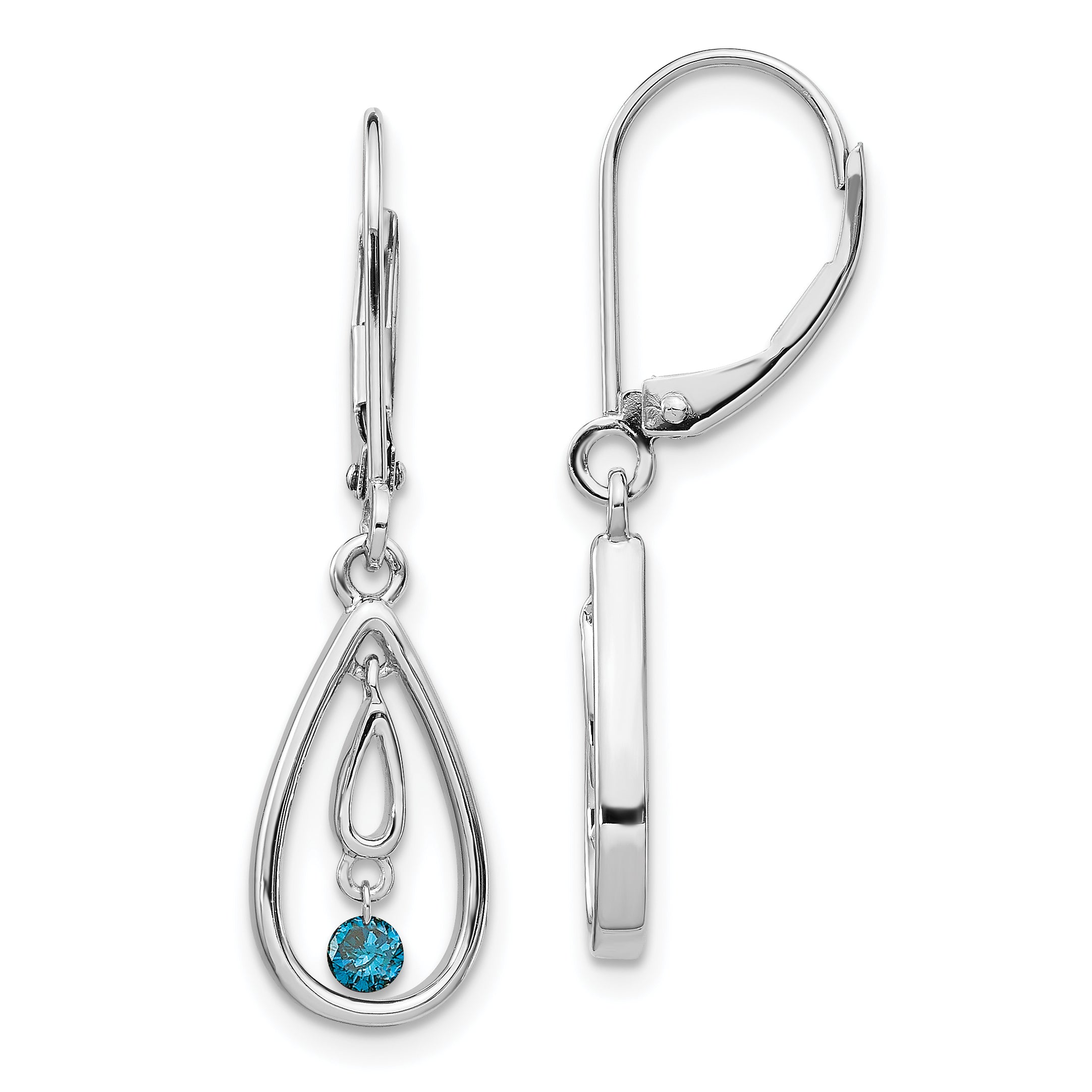 Solid 14k White Gold Blue Simulated CZ LeverbacK Earrings