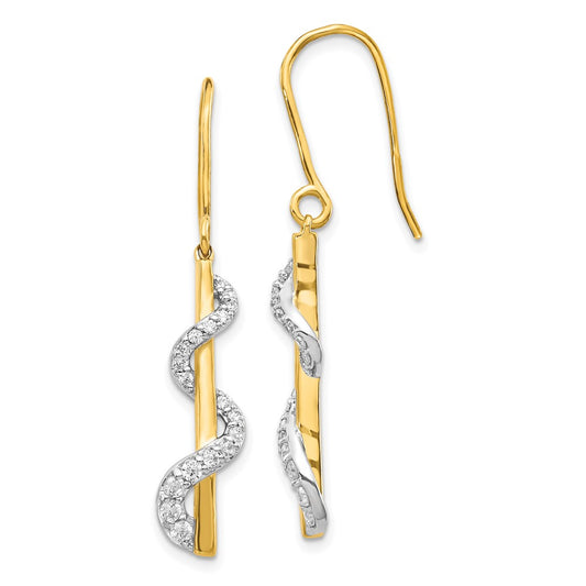 Solid 14k Yellow & Rhodium Simulated CZ Shepherd HooK Earrings