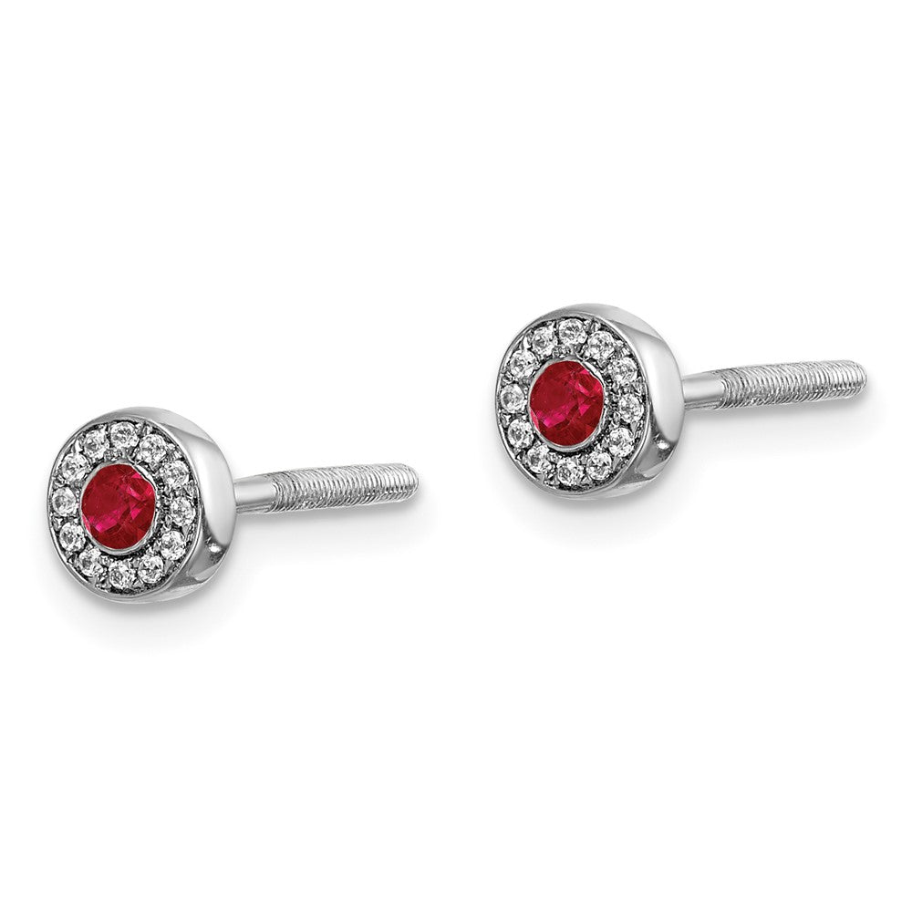 Solid 14k White Gold Simulated CZ and Ruby Halo Post Earrings