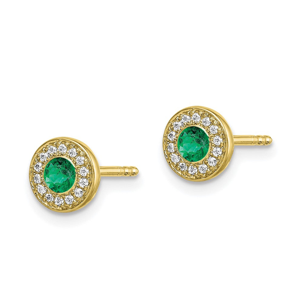 Solid 14k Yellow Gold Simulated CZ and Emerald Halo Post Earrings