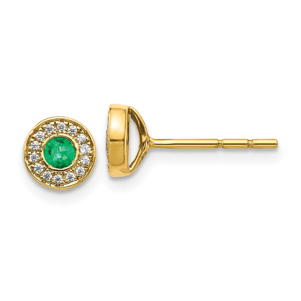 Solid 14k Yellow Gold Simulated CZ and Emerald Halo Post Earrings