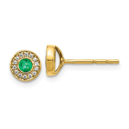 Solid 14k Yellow Gold Simulated CZ and Emerald Halo Post Earrings