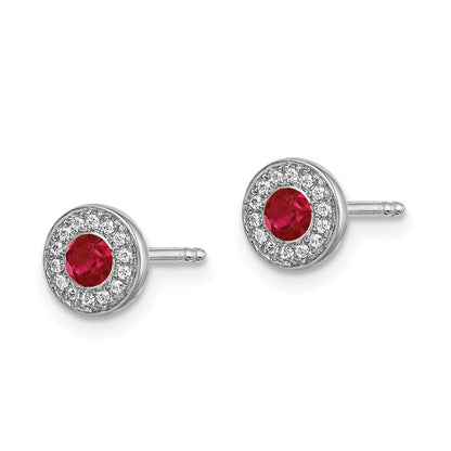 Solid 14k White Gold Simulated CZ and Ruby Halo Post Earrings