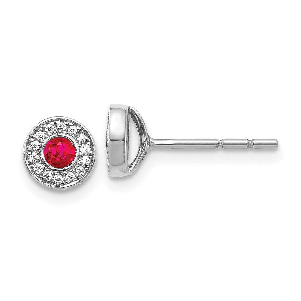 Solid 14k White Gold Simulated CZ and Ruby Halo Post Earrings