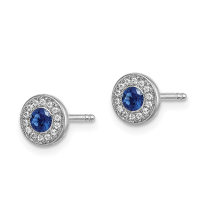 Solid 14k White Gold Simulated CZ and Blue Sapphire Halo Post Earrings
