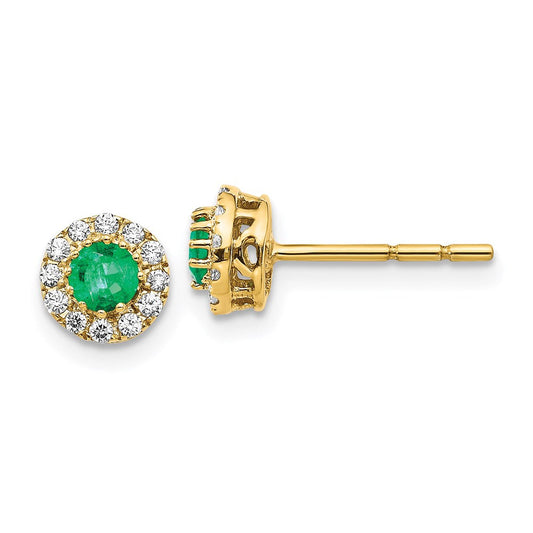 14k Yellow Gold Real Diamond and Emerald Halo Post Earrings EM5588-EM-016-YA