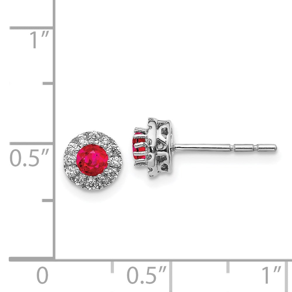 Solid 14k White Gold Simulated CZ and Ruby Halo Post Earrings