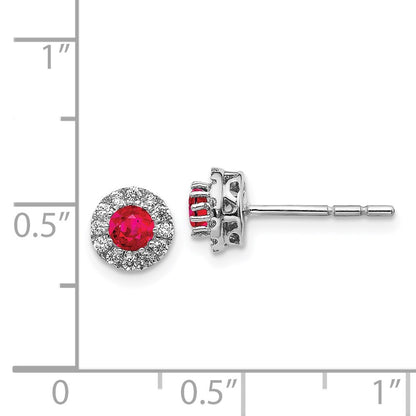 Solid 14k White Gold Simulated CZ and Ruby Halo Post Earrings