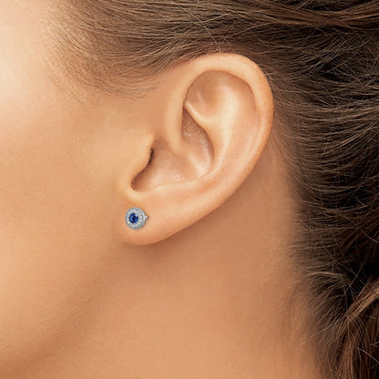 Solid 14k White Gold Simulated CZ and Blue Sapphire Halo Post Earrings