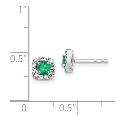 Solid 14k White Gold Simulated CZ and Emerald Square Halo Earrings