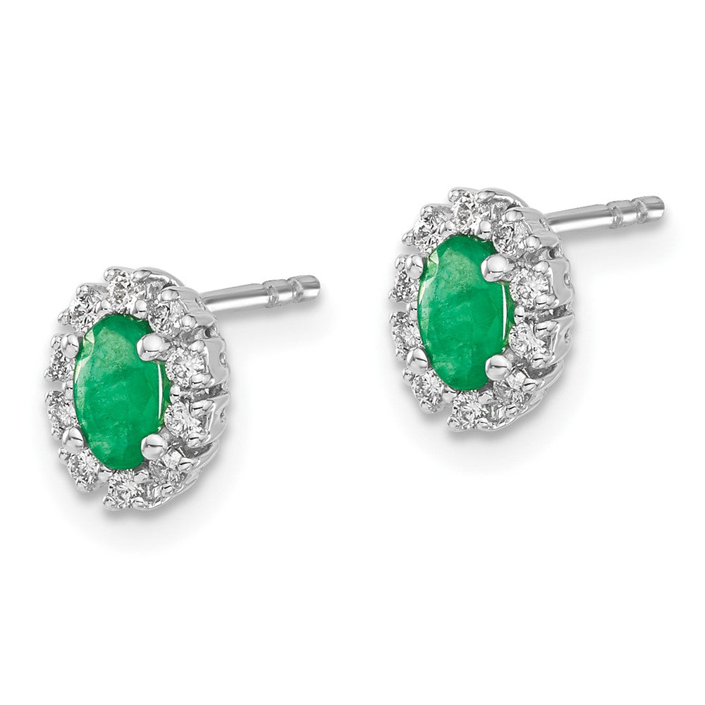 Solid 14k White Gold 1/5Ct Simulated CZ and Emerald Oval Halo Earrings