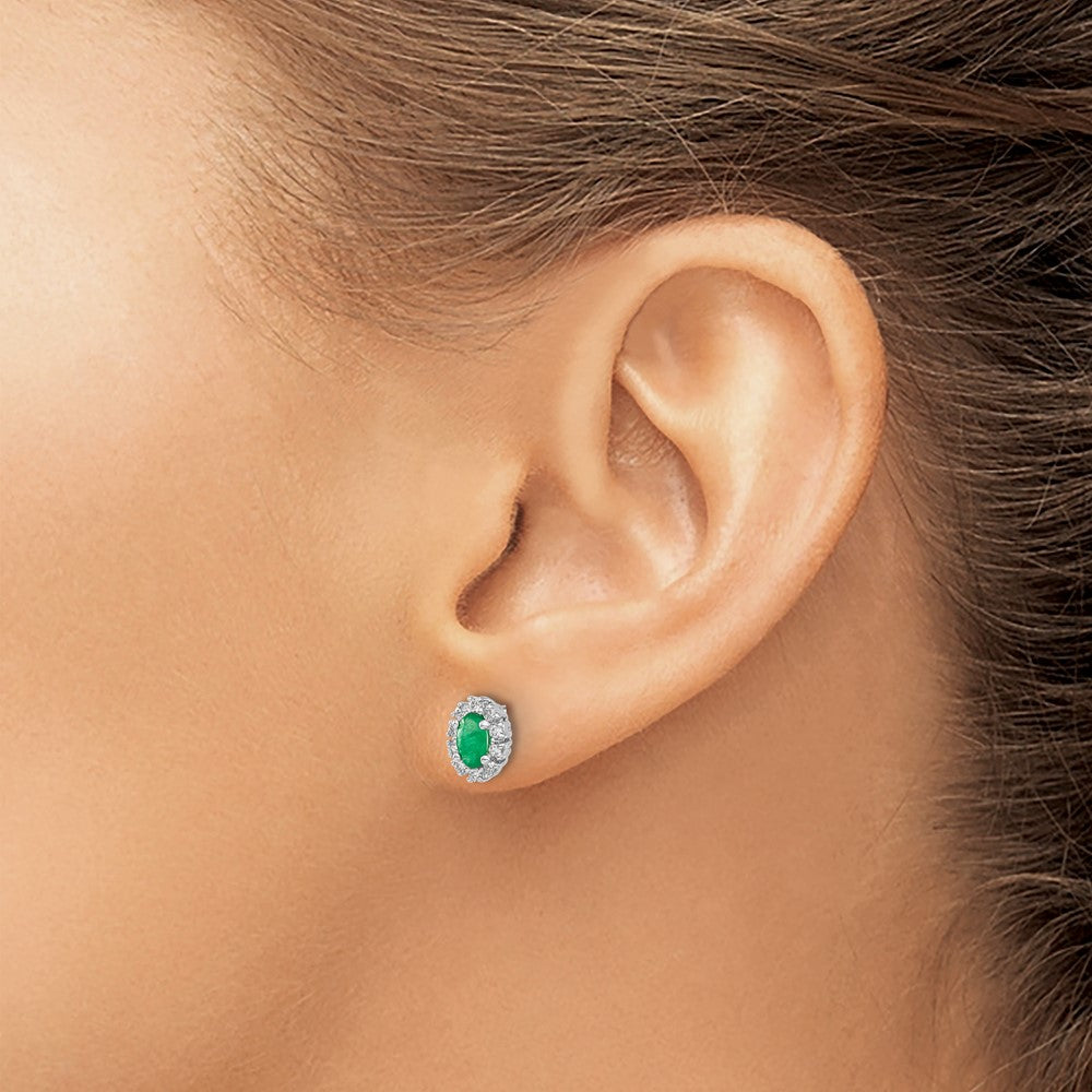 Solid 14k White Gold 1/5Ct Simulated CZ and Emerald Oval Halo Earrings