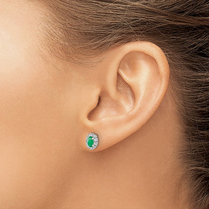 Solid 14k White Gold 1/5Ct Simulated CZ and Emerald Oval Halo Earrings